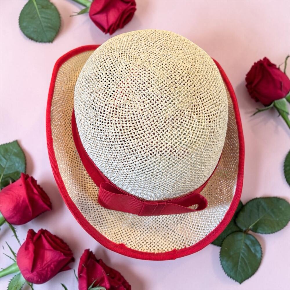 50s Red Ribbon Straw Cloche Hat Cinderella New York Picnic Rockabilly